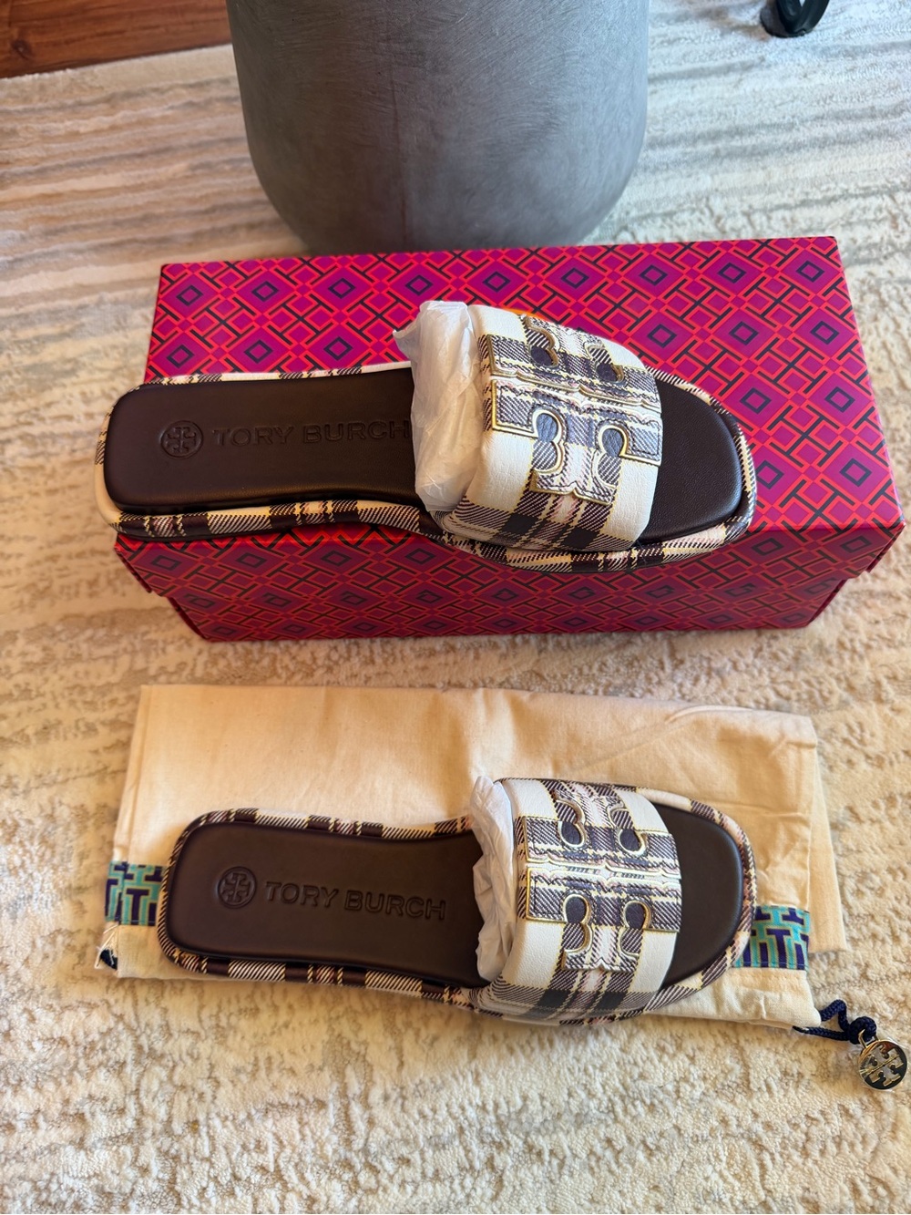Tory Burch Double T Sport Brown and Cream Plaid Slide Sandals - Picture 4 of 7